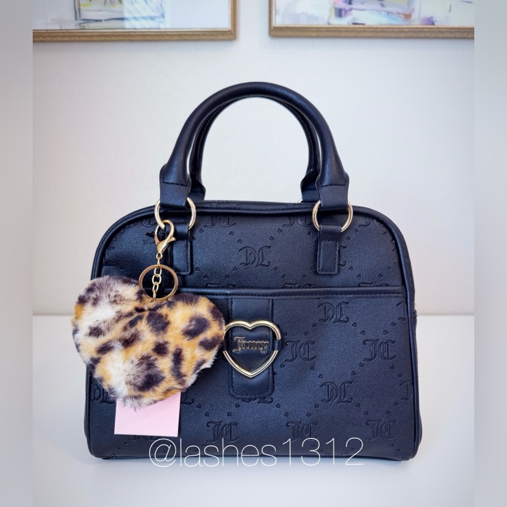 Black Handbag with Leopard Heart Charm